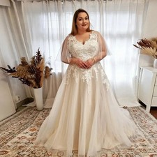 Elegant A-Line Wedding Dresses Plus Size V Neck Flare Sleeves Bride Gowns