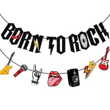 FOZEE Born to Rock Banner for Rock Birthday Party, Pre-strung Rock and Roll P...