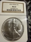 1991 American Silver Eagle ASE S$1 Coin, NGC MS69 Brown Label