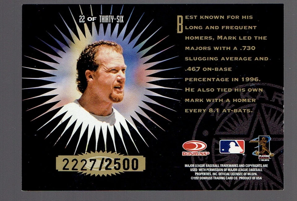 1997 Leaf Mark McGwire 22 Karat Gold Leaf Stars Baseball Card 2227/2500 - Image 2 of 2