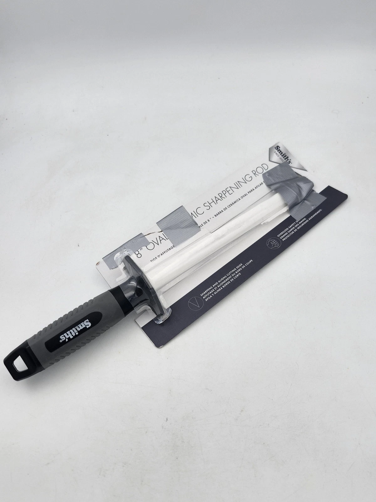 Smiths 8in Oval Ceramic Sharpening Rod Manual White Soft Grip Handle Kitchen
