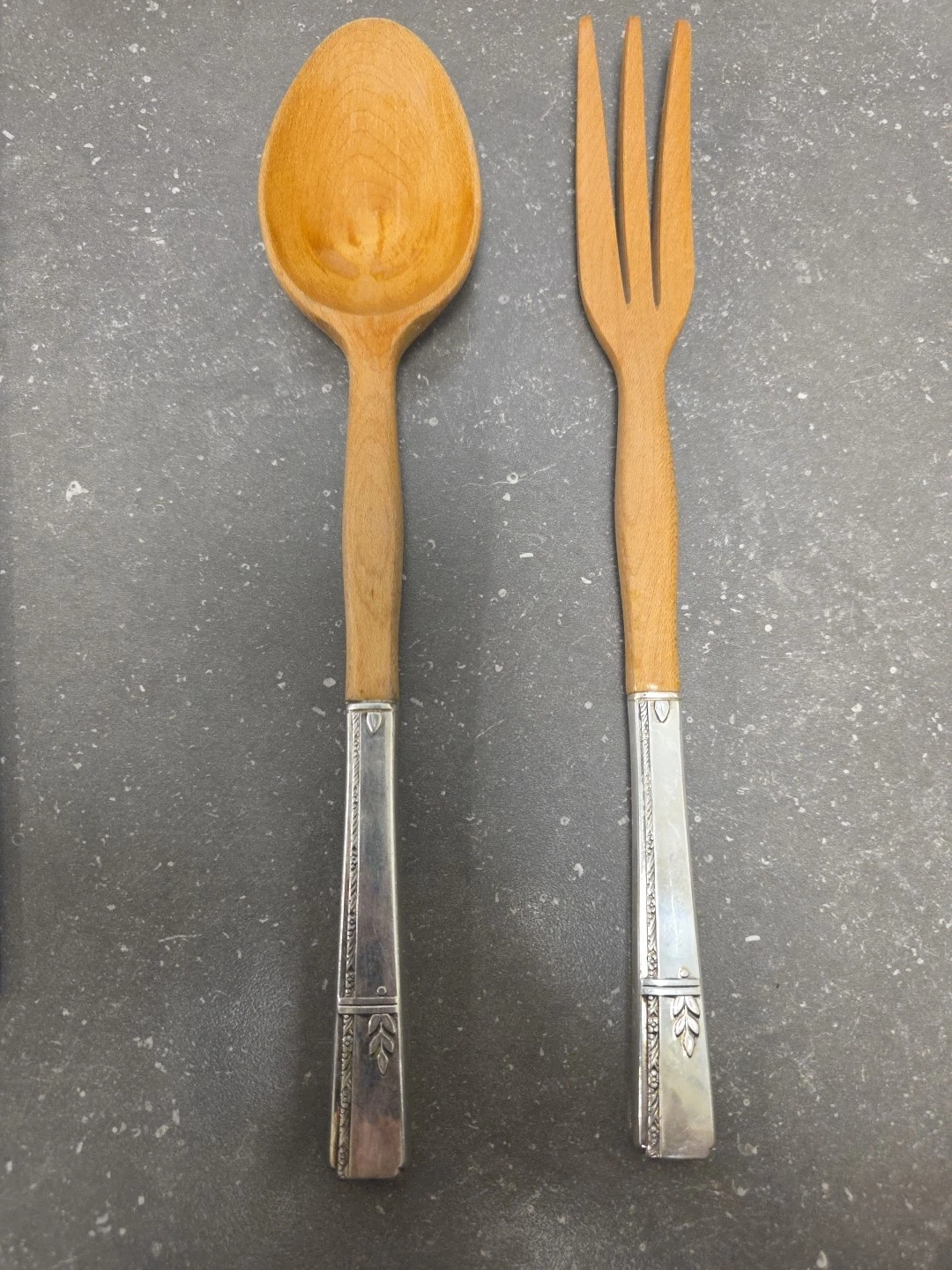 Vintage Grenoble Silverplate Wood Salad Serving Set Spoon & Fork Wood Silver