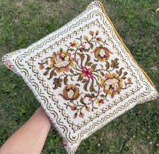 Vintage Pillow Cover Tapestry Velvet Scrolls Floral 1960s Golden Flowers Decor