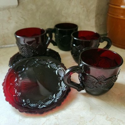 Set of 4 Vintage 1876 Avon Cape Cod Ruby Red Cups and  Saucers 