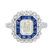 Art Deco Halo Ring 1 Ct Radiant Cut Lab Blue Sapphire Engagement Fine Jewelry