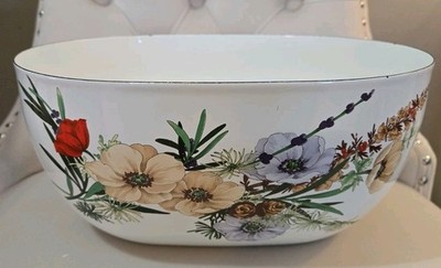 Vintage Ampleur Ejiry Enamel Oval Serving Bowl With Floral Design 