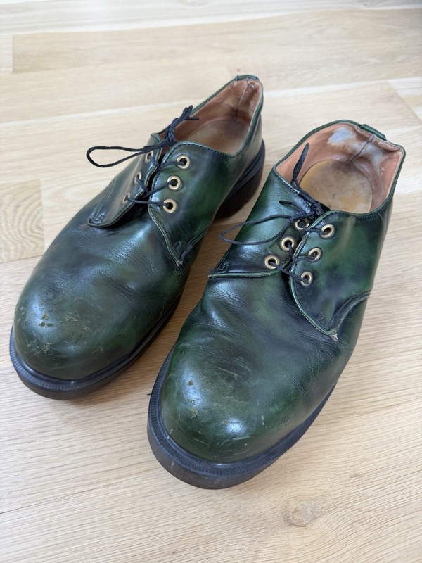 90s Vintage US 11 Shoes Dr. Martens Green 3-eye Steel Toe