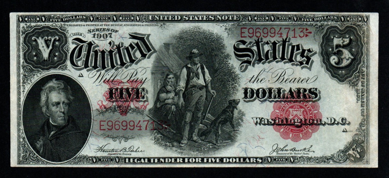 1907 $5 WOODCHOPPER LARGE Size CRISP AU+ Legal Tender United States Note!