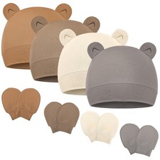 Newborn Baby Hats and Mittens Set Bear Ear Baby Beanie No Scratch Cotton Infa...