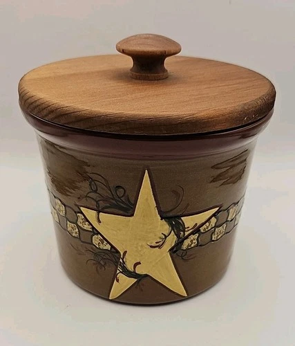 Eldreth Pottery 2008 Redware Crock w/Star Design Signed Wood Lid Canister 5.75"