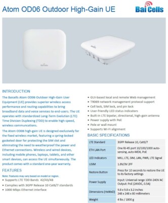 Baicells New EG7010A-M11 Atom OD06 3.5GHz Outdoor LTE CAT6 CPE, Bands 42/43/48