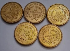 5 Total:  BARBER 1/4 Rounds  1849 - 1853 Unpolished Gold Look US COPY Coins 18mm