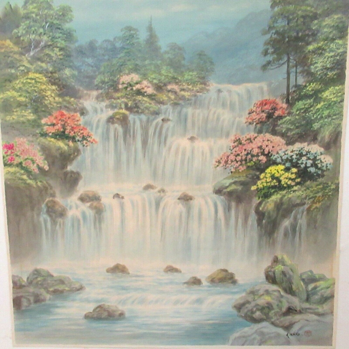 K.SEKI ORIGINAL JAPANESE WATERCOLOR FUJI MOUNTAIN FALLS