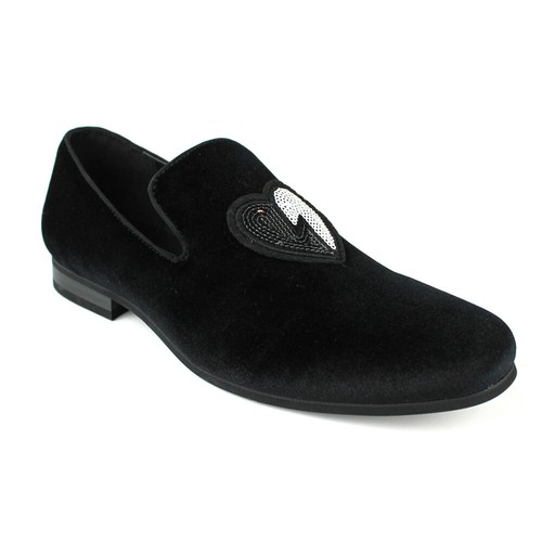 ÃZARMAN Men's Velvet Slip On Black & White Sequin Heart Embroidered Dress Loafer - Picture 4 of 5
