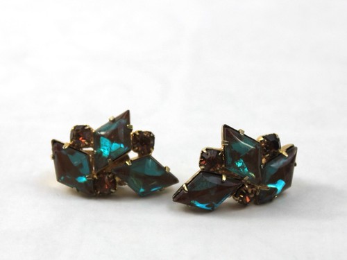 Vintage Saphiret Sapparhine Rare Rhinestone Earrings Costume Jewelry 1960s - 第 1/4 張圖片