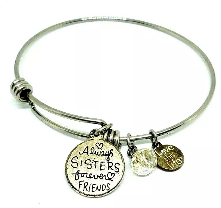 Always Sisters Forever Friends Silver Chrome Bangle Charms Bracelet