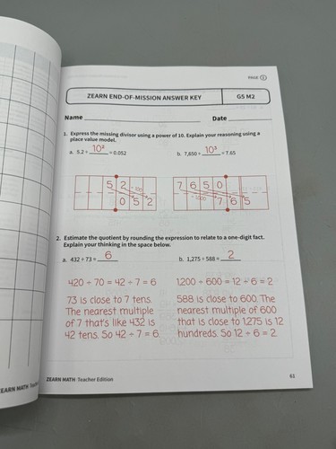 Zearn Math Grade 5 Teacher Edition Set Missions 1-6 & Assessments Key READ - Foto 23 di 23