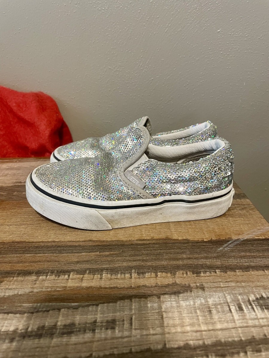 Vans Kids Youth Size 11 Sneakers Slip On Shoes Low Silver Sequin Glitter