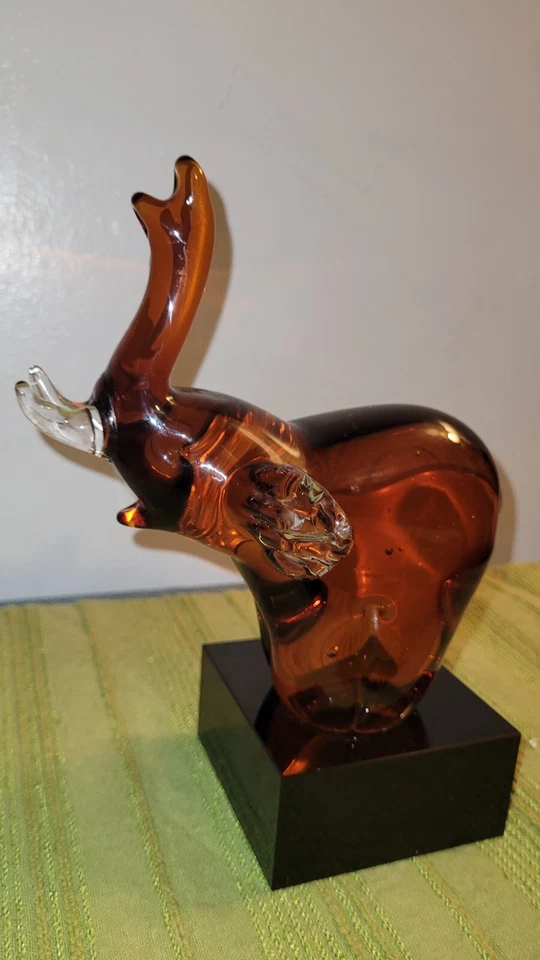 Badash Crystal - Hand Blown Art Glass - Amber Elephant  on Black Base 7.5 X 6 EC - Image 2 of 4