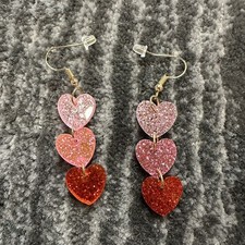 Heart Dangle Earrings Three Tier Pink Red Glitter Valentine's Shiny Sparkle Cute