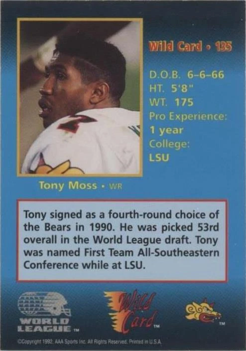 1992 Wild Card World League Tony Moss #135 - 2 of 2