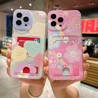 Case For iPhone Samsung Cute Smile Card Pocket Wallet Soft Phone Cover Back  Girl