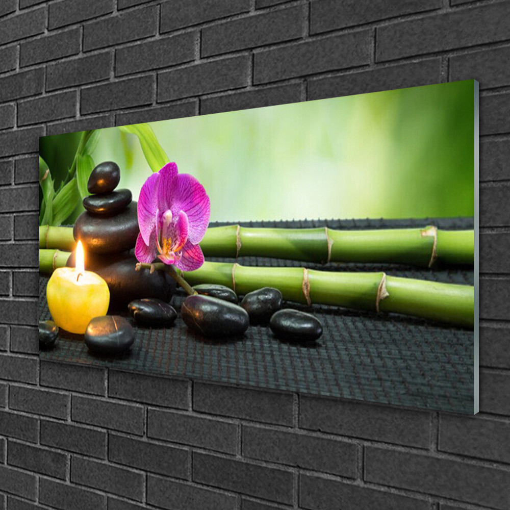 Tableau sur Plexiglas zen pour salon moderne, décoration fleurs et bougie relaxante 100x50cm