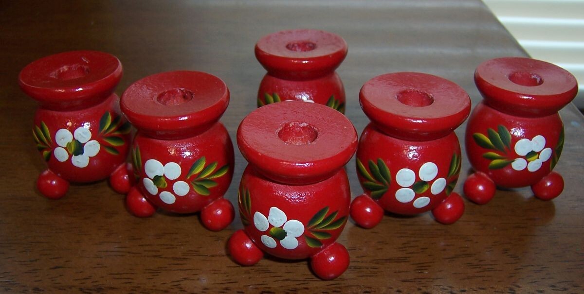 Set of 6 Swedish red ball candle holders floral Made in Sweden