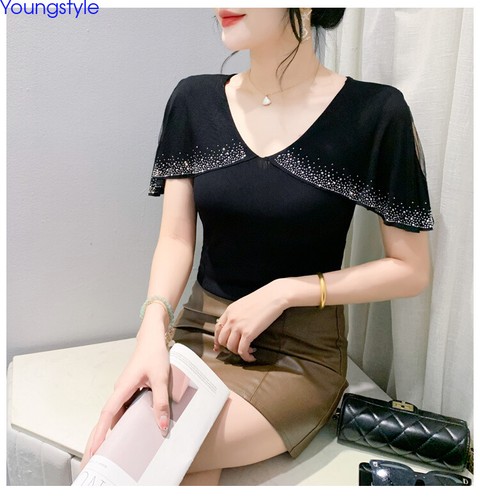 T-shirt coreana nuova donna in rete strass mantello festa cocktail coreana camicetta - Foto 14 di 16