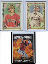 A 3-CARD LOT OF - CORBIN CARROLL ROOKIES (AG BASE #11, SP #368 & UD Action Star)