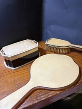 Gold Tone Dresser Vanity Set, Hand Mirror, Brush, Trinket Box Bakelite Worn