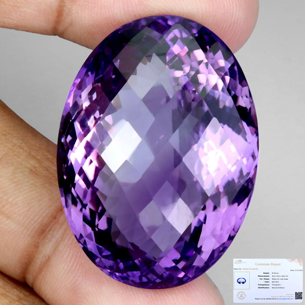 Free Certificate Oval Natural Purple Amethyst 87.60ct 34x24mm Museum Gemstone