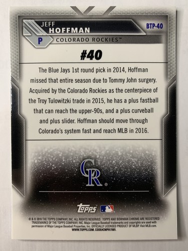 2016 Bowman Top 100 Jeff Hoffman #BTP-40 Colorado Rockies - Picture 2 of 2