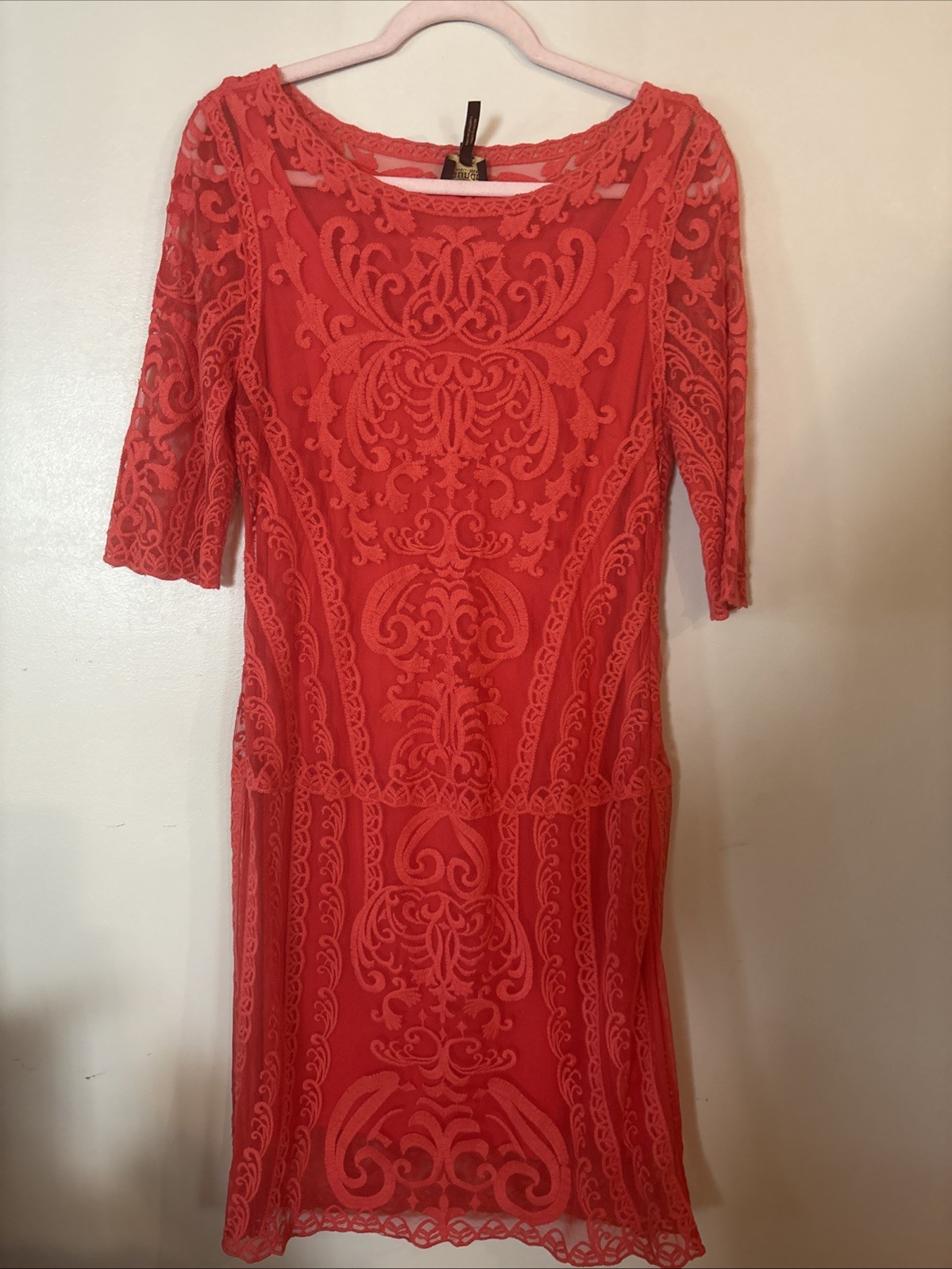 Laundry By Shelli Segal Lace Overlay Salmon Cocktail Dress with 3/4 Sleeves Sz 8