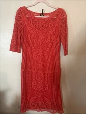 Laundry By Shelli Segal Lace Overlay Salmon Cocktail Dress with 3/4 Sleeves Sz 8