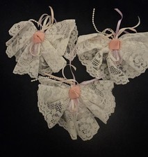 3 Girls White Lace And Pink Rose Hair Bows Lacy Ribbons