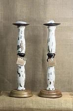 Pair Of Distressed White & Brown Wooden Candle Holders By Mud Pie Brand New