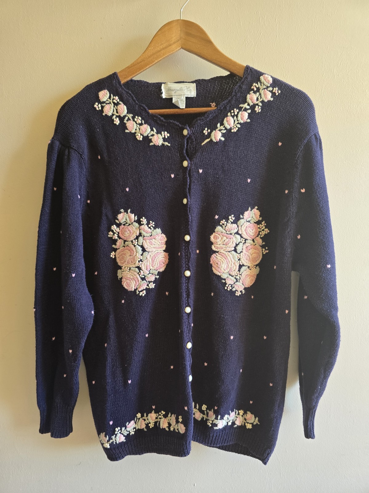 Women's VTG Margules Plus Long Sleeve Button Embroidered Floral Sweater 40/L/XL