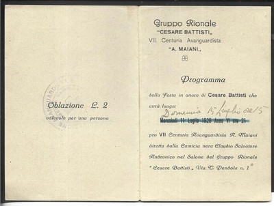 1928 REGIONAL GROUP ''CESARE BAPTISTI'' PRO VII CENTURY AVANT-GARDE, PROGRAM