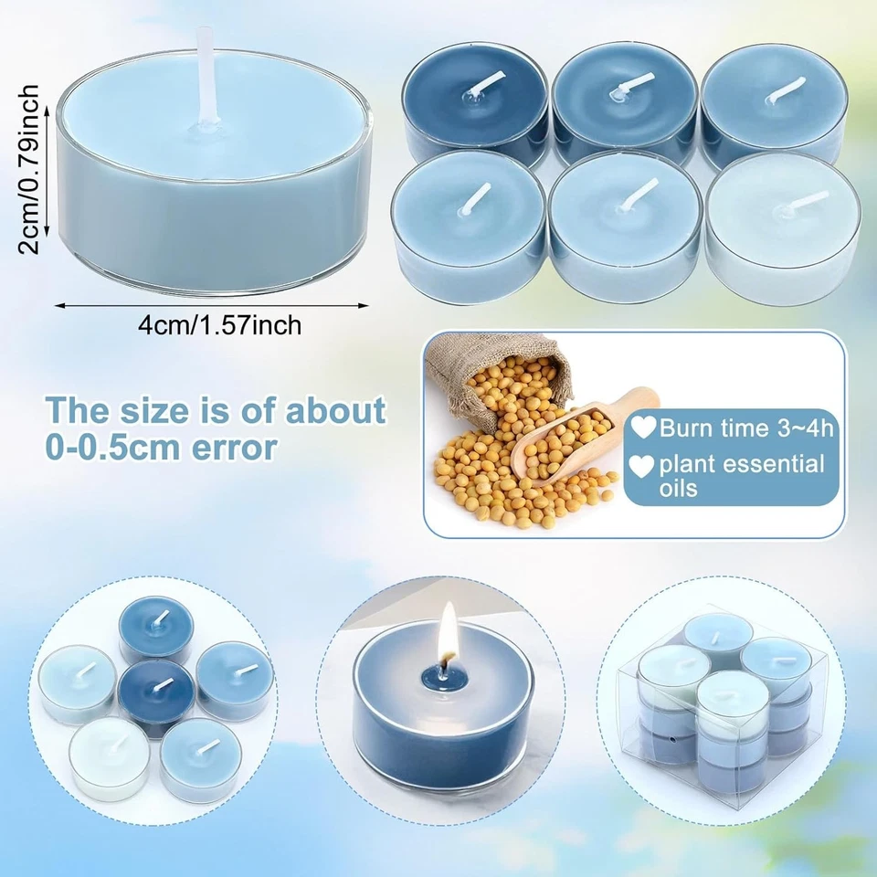 12 velas de luz de té redondas azules - aromas calmantes para el hogar y ocasiones especiales Foto 4 de 4