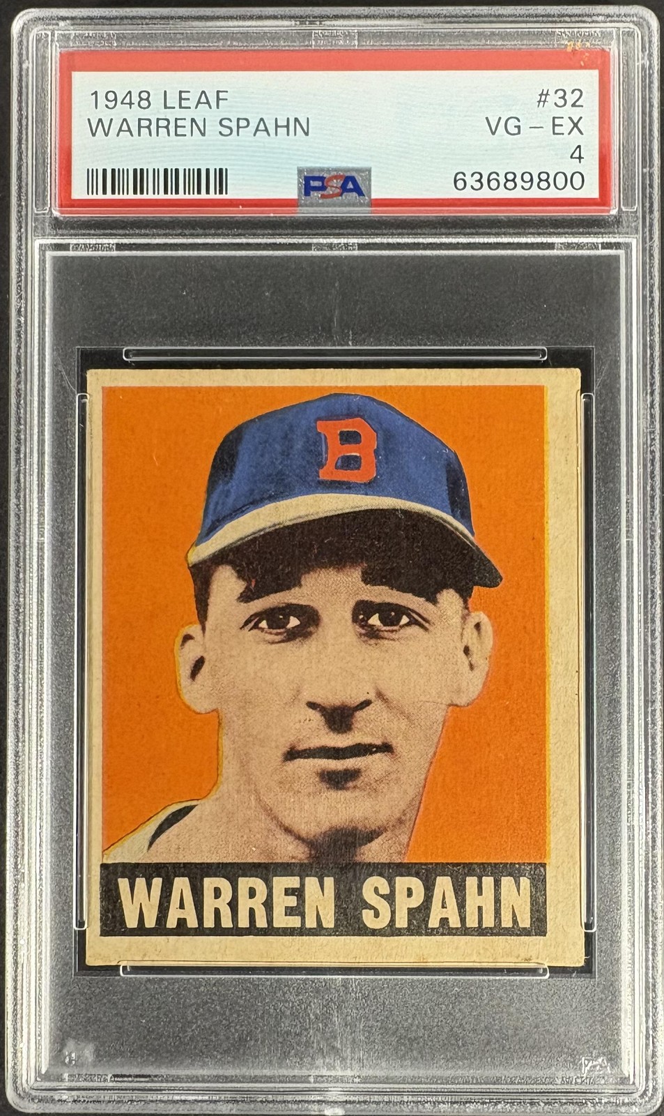 1948-49 Leaf #32 Warren Spahn RC Rookie PSA 4 VG-EX New Label