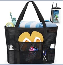 Large Mesh Beach Tote Bag 55L 9 Pocket Sandproof Pool Travel Tote Black New