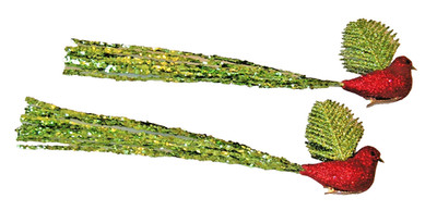 2 Red Glitter 12'' BIRDS w/ Long Green Sequin Tails Clip On Ornaments Xmas Decor