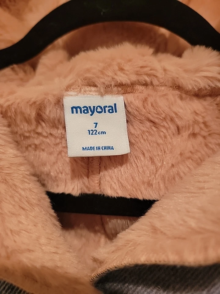 Girls Pink and Blue Plaid Hooded Coat by Mayoral, UK Faux Pink Fur Lining Sz 7 - Image 4 of 4