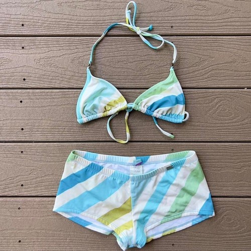 Vintage Y2K Radio Fiji Striped Bikini & Boy Short Swimsuit Set Size Medium