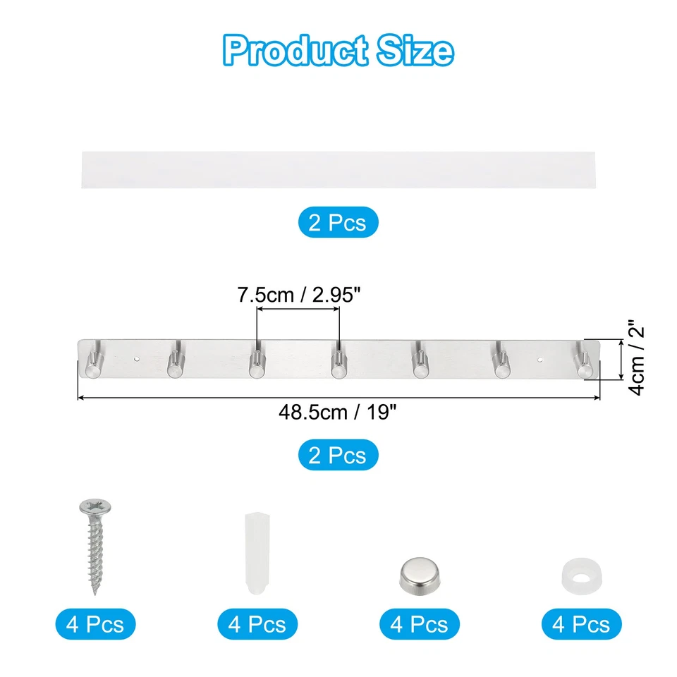 2 Pcs 19" 304 Stainless Steel Coat Rack Wall Mount with 7 Hanging Hooks, Silver - Image 2 of 4