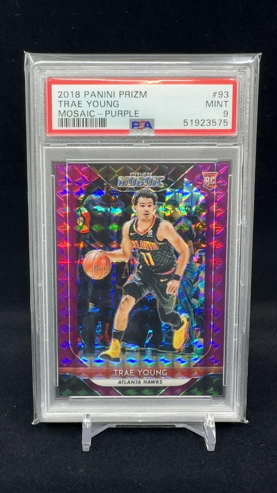 Trae Young 2018-19 Panini Prizm Mosaic #93 Purple Mosaic RC /49 PSA 9
