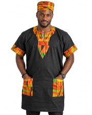 Black Kente Print Unisex Dashiki Shirt Cap Set, Short Sleeve Pockets Tunic Top