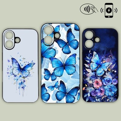 Blau Schmetterling Blumenmuster Kunst Handyhülle MagSafe iPhone Samsung Motorola