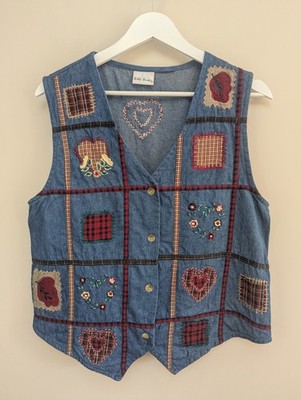 Vintage 90er Retro Denim Patchwork Weste bestickt Blumen Cottagecore Oma 